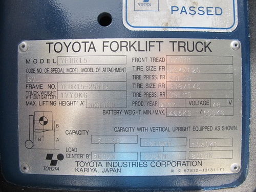 รถฟอคลิฟท์สภาพดี TOYOTA 7FBR 15