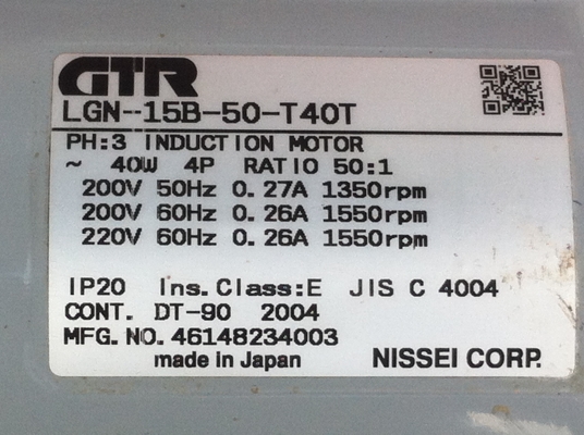 มอเตอร์เกียร์ทดขนาด 40 W.อัตราทด 50 ต่อ1 แบบ GTR ยี่ห้อ NUSSEI CORP จากญี่ปุ่น หมุนที่ 30 รอบต่อนาที แรงบิดเยอะ( 10 ตัว)