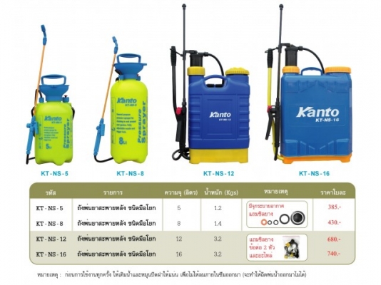 เครื่องพ่นยาสะพายหลัง มือโยก KANTO 16 L. ราคา 650 บาท มี 2 ชุด