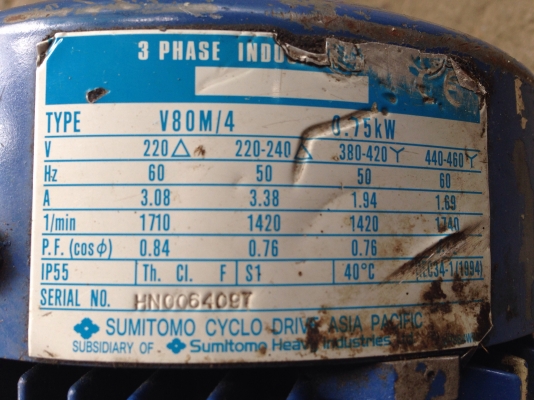 ขายมอเตอร์เกียร์ Cycro drive Sumitomo 1HP. 380 V แบบหน้าแปรน อัตราทด 1:165 เพลาออกประมาณ 9 รอบต่อนาที สภาพสวย พร้อมใช้งาน