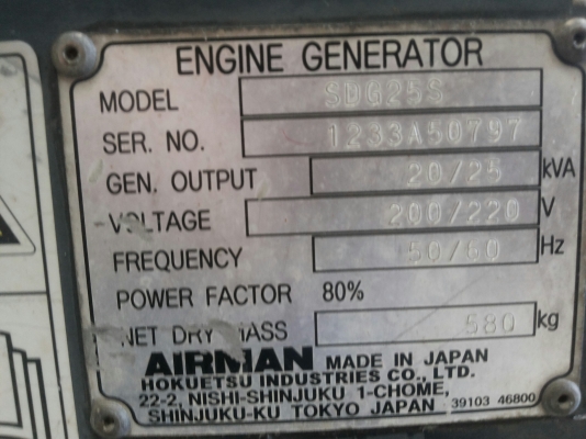 AIRMAN SDG25S เครื่องปั่นไฟมือสอง เก่าญี่ปุ่น โทร 083 081 2889