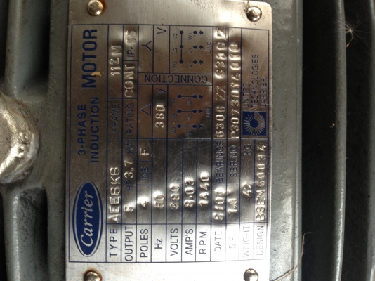 ขายมอเตอร์ ยี่ห้อ Carrier 5แรง 3 สาย 1400 รอบ