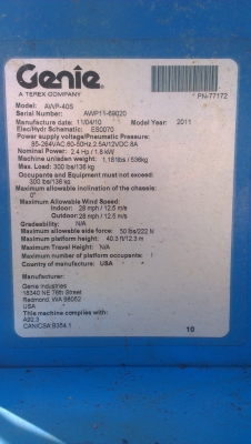 Sell> ขายกระเช้ายกคน Genie AWP-40S USA สูง 40" ฟุต รับน้ำหนัก 136 กิโล แบตเตอรรี่ 12 V. พร้อมใช้งานครับ