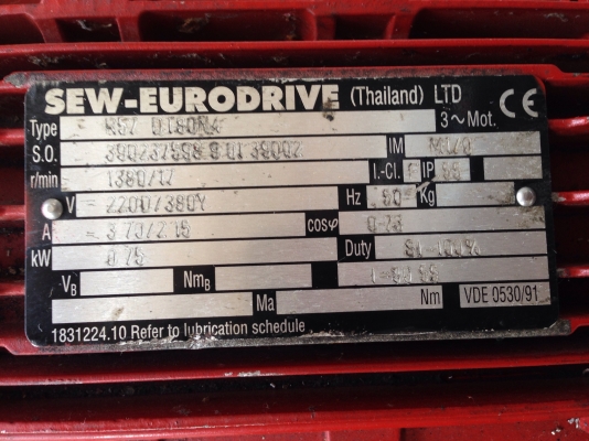 ขายมอเตอร์เกียร์ SEW eurodrive 1HP. 380V อัตราทด 1:82 เพลาออกประมาณ 17 รอบต่อนาที สภาพสวยมาก วิ่งนิ่ม พร้อมใช้งาน ขายมอเตอร์เกียร์ SEW eurodrive 1HP. 380V อัตราทด 1:82 เพลาออกประมาณ 17 รอบต่อนาที สภาพสวยมาก วิ่งนิ่ม พร้อมใช้งาน