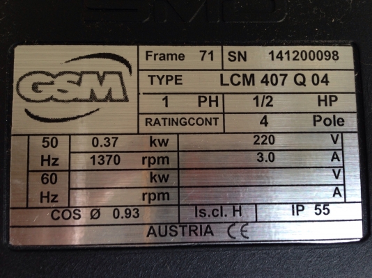 ขายมอเตอร์ GSM 1/2 HP. 1370 RPM. 220V ไฟบ้าน ของใหม่ไม่เคยใช้งานครับ