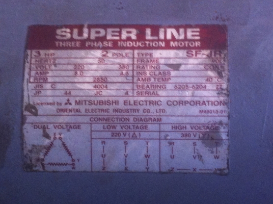 มอเตอร์ มิตซูบิชิ 3 แรงม้า  220/380 V. รอบ 2850 รอบต่อนาที ต่อใช้งานไฟบ้านเฟสเดียวได้