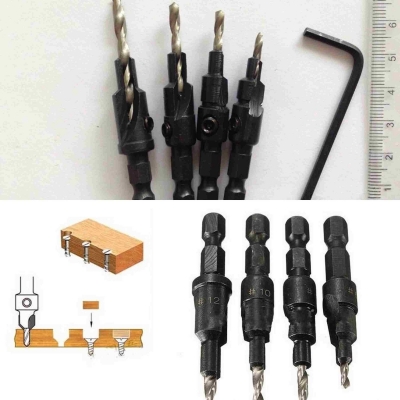 ดอกเจาะไม้ คว้านรูแบบมี Taper สำหรับให้สกรูที่เราเจาะ หลบในเนื้อไม้ ชุดเหล็ก 4 เบอร์ ยกชุด 4 ดอก พร้อมอลันคี ไว้ไขเปลี่ยนดอกสว่านได้