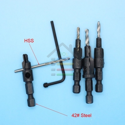 ดอกเจาะไม้ คว้านรูแบบมี Taper สำหรับให้สกรูที่เราเจาะ หลบในเนื้อไม้ ชุดเหล็ก 4 เบอร์ ยกชุด 4 ดอก พร้อมอลันคี ไว้ไขเปลี่ยนดอกสว่านได้