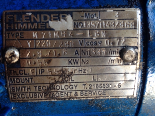 ขายมอเตอร์เกียร์ Flender Himmel ขนาด 3/4 HP. 380V อัตราทด 1:90 เพลาออก 15 รอบต่อนาที มีระบบเบรคในตัว วิ่งนิมมาก พร้อมใช้งาน มี 2 ตัวครับ