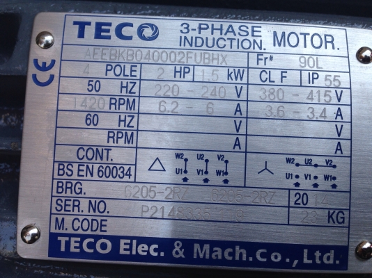 ขายเหมามอเตอร์ Teco 2-3HP. 380V สภาพของใหม่ ไม่เคยใช้งาน มี 5 ตัวครับ 2HP. 1450rpm.-4 ตัว / 3HP. 2800rpm.-1 ตัว