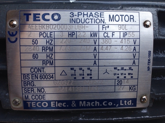 ขายเหมามอเตอร์ Teco 2-3HP. 380V สภาพของใหม่ ไม่เคยใช้งาน มี 5 ตัวครับ 2HP. 1450rpm.-4 ตัว / 3HP. 2800rpm.-1 ตัว