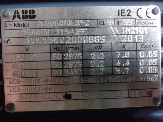 ขายมอเตอร์ใหม่ ABB 2.2 kw 3 hp 380v 3 เพส 2870 rpm ถูกๆ