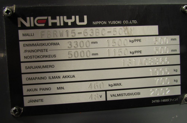 จำหน่ายรถ Forklift ไฟฟ้า Nichiyu FBRW-15-63 (ยุโรป) ขนาด 1.5 ตัน เสาเข้าตู้ 4.3 เมตร ปี 2002 สภาพเหมือนใหม่