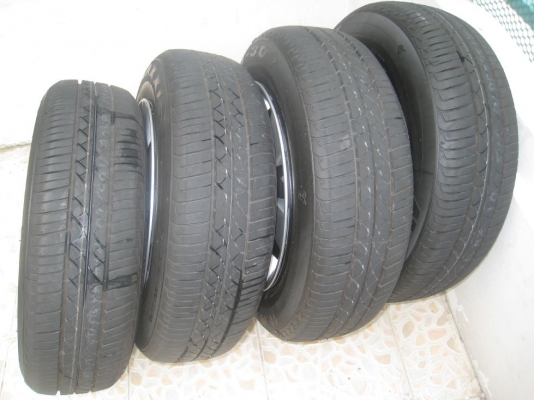 ขายกะทะล้อ Nissan march 14"  4รู 100  +ฝาครอบ+ ยาง ปี 4812 (081-3747940)