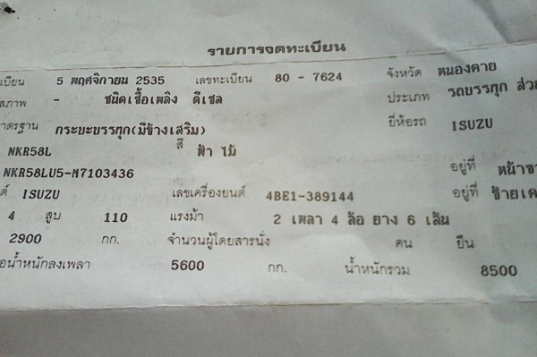 **330,000 บ.ต่อรอง///6ล้อNKR-110** ขาย ISUZU NKR-110 6ล้อบรรทุก NKR58LU5M 4BE1-110 เกียร์สั้น ห้างแท้ปี35 เครื่องเดิม เกียร์เดิม แน่นดี แรงดี เกียร์สั้นเข้าง่าย ไม่หลุด ช่วงล่างเดิมๆ คัสซีดี ยังสวย ไม่ปะไม่ดาม กระบะคาร์โก้ พื้นไม้ ยาว4.30ม.สภาพดี พื้นดี ข **330,000 บ.ต่อรอง///6ล้อNKR-110** ขาย ISUZU NKR-110 6ล้อบรรทุก NKR58LU5M 4BE1-110 เกียร์สั้น ห้างแท้ปี35 เครื่องเดิม เกียร์เดิม แน่นดี แรงดี เกียร์สั้นเข้าง่าย ไม่หลุด ช่วงล่างเดิมๆ คัสซีดี ยังสวย ไม่ปะไม่ดาม กระบะคาร์โก้ พื้นไม้ ยาว4.30ม.สภาพดี พื้นดี ข