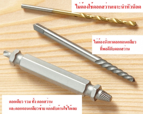 ดอกถอนเกลียวซ้าย USA แบบมีหัวสว่านในตัว ใช้ถอนสกรู หัวน็อตที่เสีย/ขาดคารู ยกชุด 4 ดอก 4 ขนาด