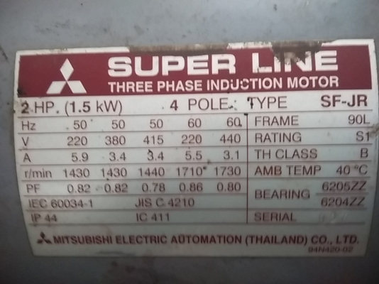 มอเตอร์ Mitsubishi 2 HP. 1430 RPM. 380 V สภาพสวย