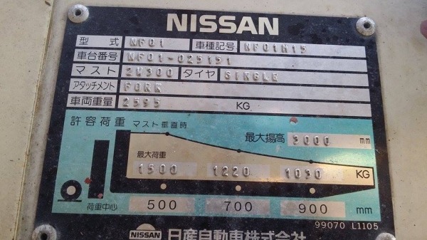 รถโฟล์คลิฟต์ NISSAN รุ่น NF01 เก่าญี่ปุ่น ขนาด 1.5 ตัน เครื่องยนต์เบนซิน  ยกสูง 3 เมตร  สภาพดีพร้อมใช้งาน