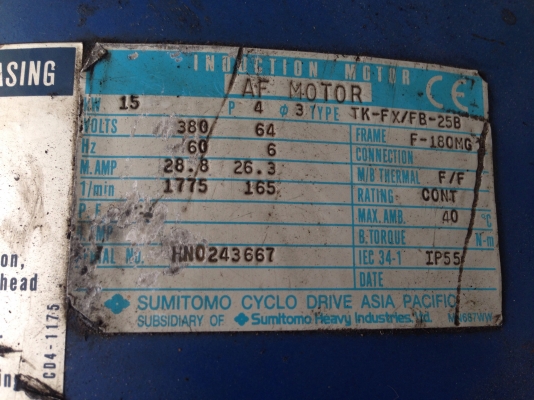 ขายมอเตอร์เกียร์ Sumitomo Cycro drive ขนาด 20HP. 380V มีเบรคในตัว อัตราทด 1:71 สภาพสวย วิ่งนิ่ม พร้อมใช้งาน ขายมอเตอร์เกียร์ Sumitomo Cycro drive ขนาด 20HP. 380V มีเบรคในตัว อัตราทด 1:71 สภาพสวย วิ่งนิ่ม พร้อมใช้งาน