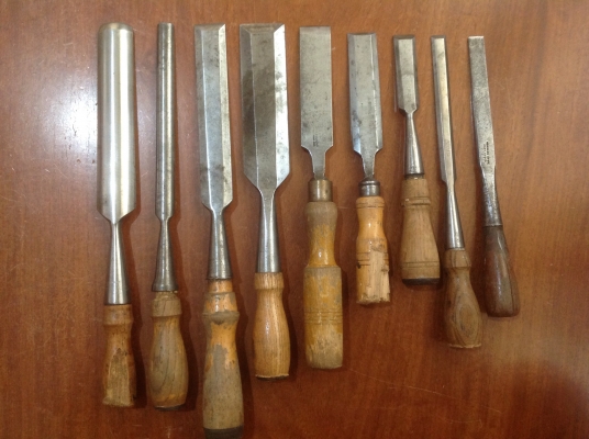 ขายสิ่วโบราณด้ามไม้ งานเมกา และอังกฤษ ทั้งชุด 9 ชิ้น