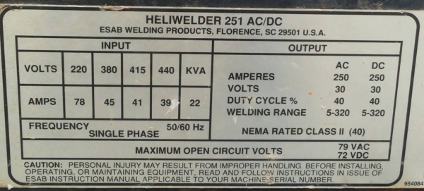 ขายตู้เชื่อม ESAB HELIWELDER 251 AC/DC