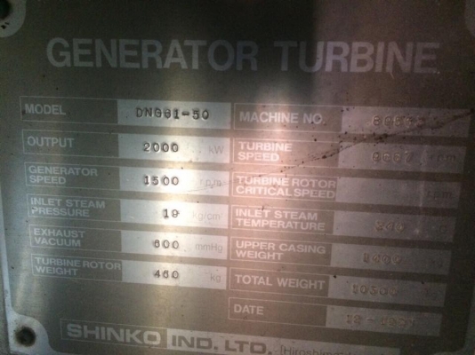 Steam Turbine Shinko 2mW 33kV