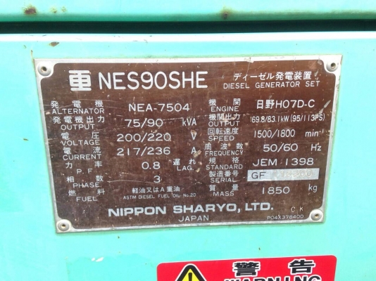 ขายเครื่องปั่นไฟ Nippon Sharyo 90 Kva