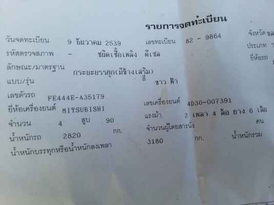 **220,000 บ.ต่อรอง///6ล้อCANTER-100** ขาย MITSU CANTER-100 6ล้อบรรทุก รถห้างแท้ MITSUBISHI CANTER FE444E-A 4D30-100HP ปี2539 เครื่องเดิม เกียร์เดิม เครื่องดี แน่นดี ประหยัด เกียร์ยาวเข้าง่าย ไม่หลุด ครับ ช่วงล่างเดิม 5น็อต หน้า-หลัง คัสซีดี เดิม ไม่ผุ ไม่