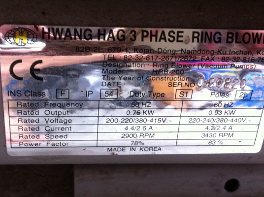 ริงโบลเวอร์ HWANG HAG ขนาด 1 แรงม้า แรงดูดแรงอัดเร็วรอบสูง