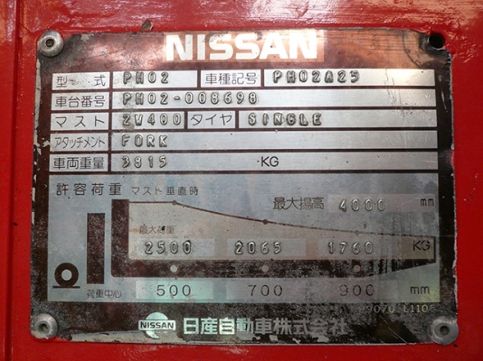 รถโฟล์คลิฟท์มือสอง NISSAN รุ่น PH02 ขนาดยก 2.5 ตัน นำเข้า จากประเทศญี่ปุ่น 100\% ไม่เคยใช้งานในประเทศไทย