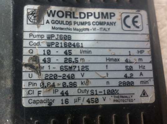 ปั๊มน้ำ WORLDPUMP   1 แรงม้า ดันน้ำขึ้นตรงได้ถึง 42 ม.