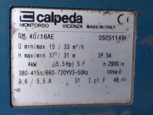 ขายปั้มน้ำหอยโข่ง Calpeda 5.5HP. 380V เข้า 2.5 ออก 1.5 นิ้ว ใบพัดทองเหลือง สภาพสวย พร้อมใช้งาน ขายปั้มน้ำหอยโข่ง Calpeda 5.5HP. 380V เข้า 2.5 ออก 1.5 นิ้ว ใบพัดทองเหลือง สภาพสวย พร้อมใช้งาน