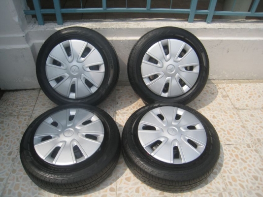 ขายกะทะล้อ Mitsubishi mirage ขอบ14 4รู100 + ฝาครอบ+ยางปี 12 (081-3747940)
