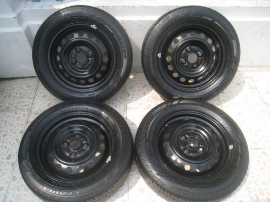 ขายกะทะล้อ Mitsubishi mirage ขอบ14 4รู100 + ฝาครอบ+ยางปี 12 (081-3747940)