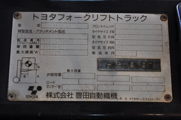 ขายรถโฟล์คลิฟท์มือสอง toyota รุ่น 7FGK25 ราคา 265,000 บาท ใช้งานเพียง 114 ชั่วโมง นำเข้าจากประเทศญี่ปุ่น 100\% ไม่เคยใช้งานในไทย