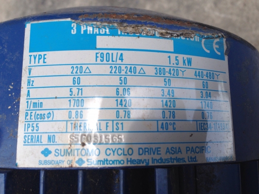 ขายมอเตอร์เกียร์ Sumitomo Cycro drive 2HP. 380V แบบหน้าแปลน อัตราทด 1:87 สภาพของใหม่เก่าเก็บ วิ่งนิ่ม พร้อมใช้งาน