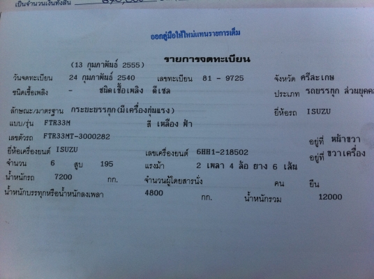ISUZU เดก้า FTR33MT เครื่อง 6HH1-195 แรง เทรน 4 ตัน ขาสูง ทิฟฟี่ ห้างแท้ ทะเบียนเต็ม ISUZU เดก้า FTR33MT เครื่อง 6HH1-195 แรง เทรน 4 ตัน ขาสูง ทิฟฟี่ ห้างแท้ ทะเบียนเต็ม