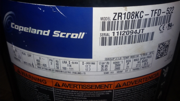 คอมเพลสเซอร์ Copeland Scroll ZR108KC-TFD-522 ขนาด90000btu
