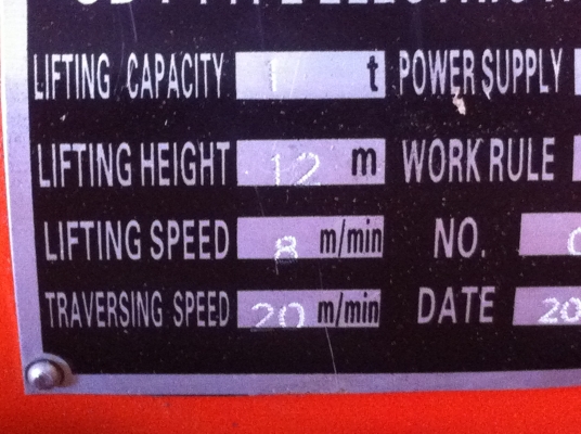 เครนสลิงไฟฟ้า 3 เฟส ตัวใหญ่มาก ยกของขนาด 1 ตัน พร้อมลูกล้อเลือนบนคานด้วยไฟ้า 1 ตัว