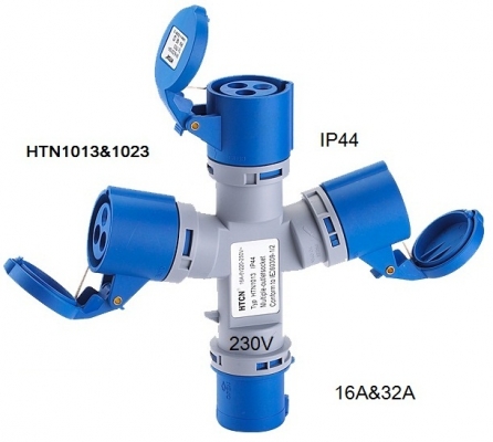 ปลั๊กไฟโรงงาน HTCN รุ่น HTN1013 เป็นปลั๊กแยกเข้า 1 ออก 3   2P+E 16A (220-250V) กันน้ำ IP44 เป็นของใหม่