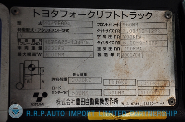 ขายรถโฟล์คลิฟท์มือสอง TOYOTA รุ่น7FG20 ราคา 215,000 บาท นำเข้าจากประเทศญี่ปุ่น 100\% ไม่เคยใช้งานในไทย