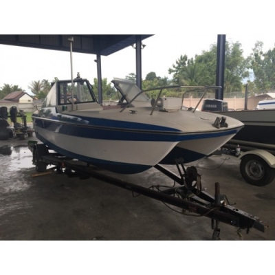 ขายเรือตกปลามือสองญี่ปุ่น Catamaran Nissan Suncat 6 พร้อมเครื่อง Yamaha 80แรงม้า และเทลเลอร์นอก