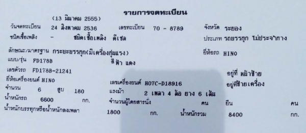 รถเครนมือสอง/ Hino FD178B/ เครื่องยนต์ HO7C-D18916 ติดเครน 3.7 ตัน