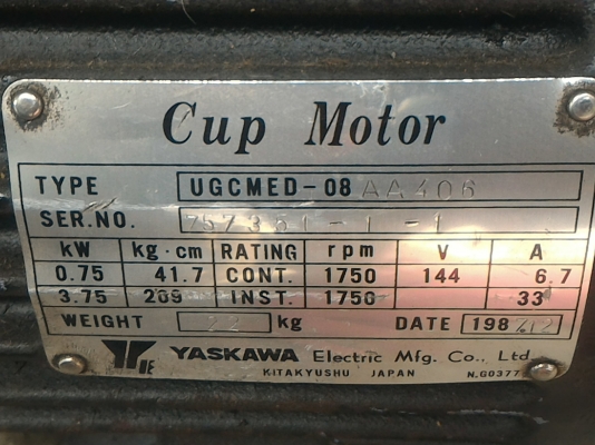 มอเตอร์กระแสตรง DC ขนาด 1 แรงม้า ยี่ห้อ YASKAWA ผลิตญี่ปุ่น ใช้ไฟได้ตั้งแต่ 12-144 V .