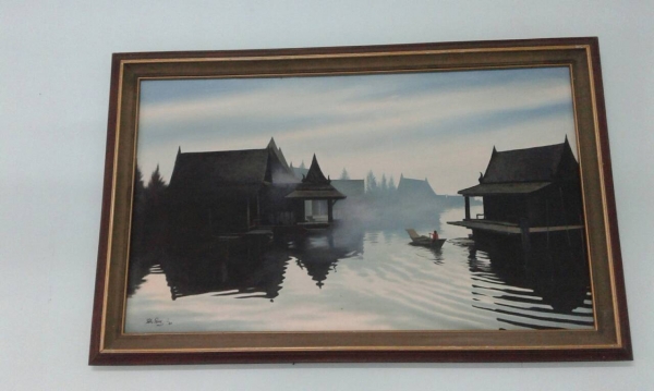 รูปวาดสีน้ำมันงานเก่า กรอบไม้สัก