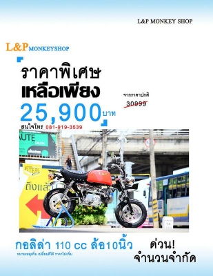 โปรจัดใหม่  ลดพิเศษ มังกี้กอลิล่า เดิมๆ ราคาเริ่มต้นที่ 2xxxx ลดพิเศษมังกี้แต่งโดนใจวัยมันส์ เสียภาษี มีใบคุมขนส่ง มีให้เลือกเยอะที่สุด ถูกที่สุด สะดุต  ราคาเริ่มต้น  22999