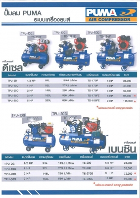 จำหน่าย ปั๊มลม PUMA เเบบสนาม ติดตั้งเครื่องยนต์ ดีเซล-เบนซิลหลายรุ่นหลาย ขนาด