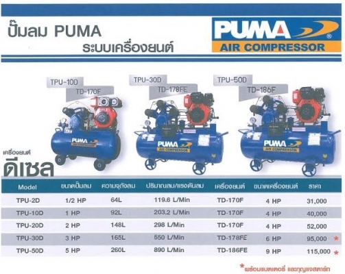 จำหน่าย ปั๊มลม PUMA เเบบสนาม ติดตั้งเครื่องยนต์ ดีเซล-เบนซิลหลายรุ่นหลาย ขนาด จำหน่าย ปั๊มลม PUMA เเบบสนาม ติดตั้งเครื่องยนต์ ดีเซล-เบนซิลหลายรุ่นหลาย ขนาด