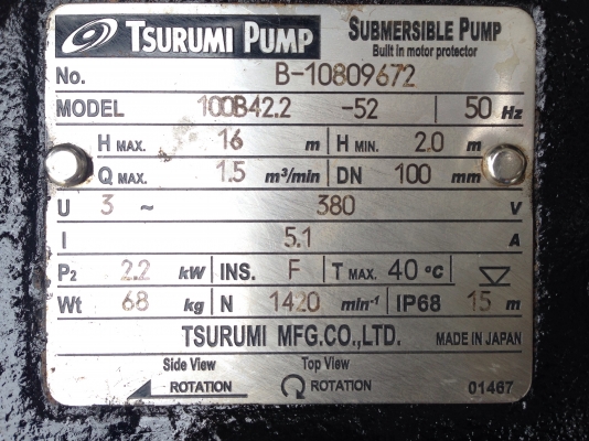 ขายไดโว่ Tsurumi 3HP. 380V. made in Japan สภาพสวยมากเดิมๆ วิ่งนิ่ม พร้อมใช้งาน