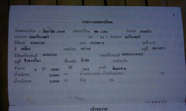 ขายรถแบคโฮ KOMATSU PC200-6 เอกสารเล่มทะเบียน ระบบไฟเต็ม ราคา 890000